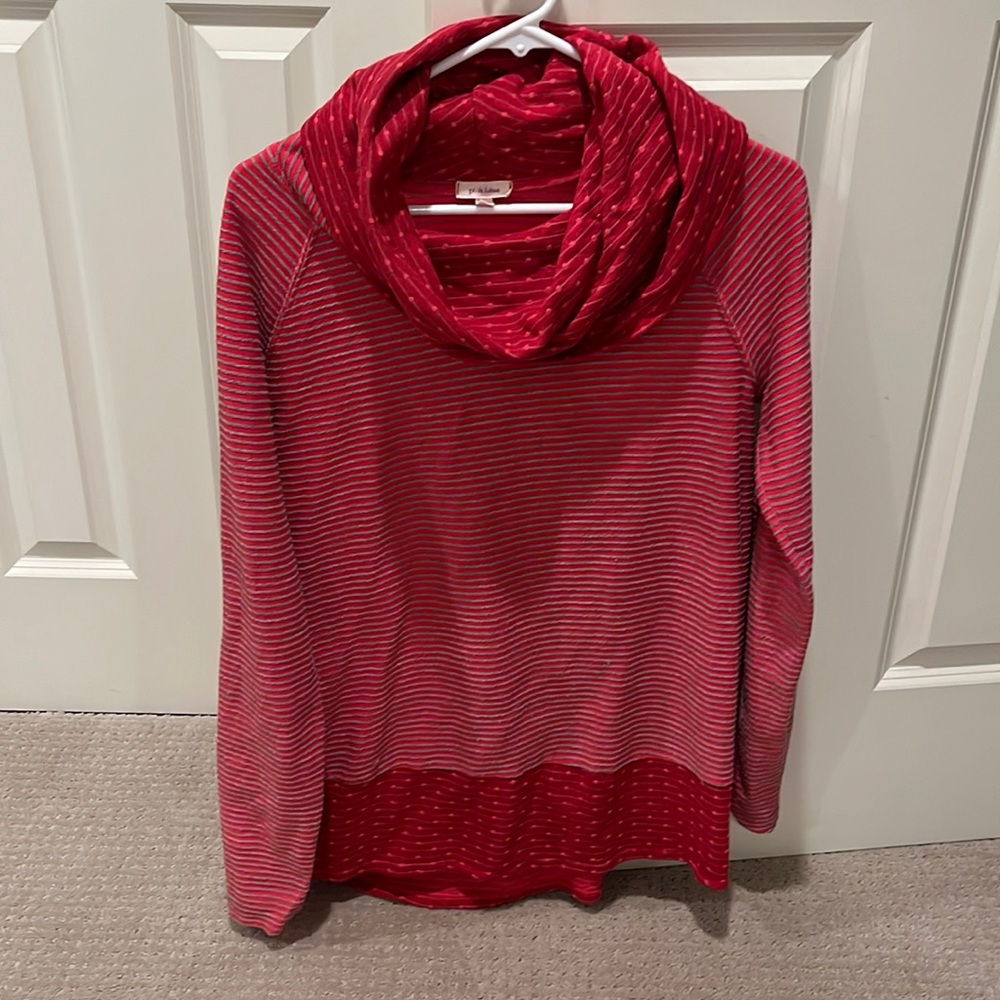 Red and grey top with cowl neck